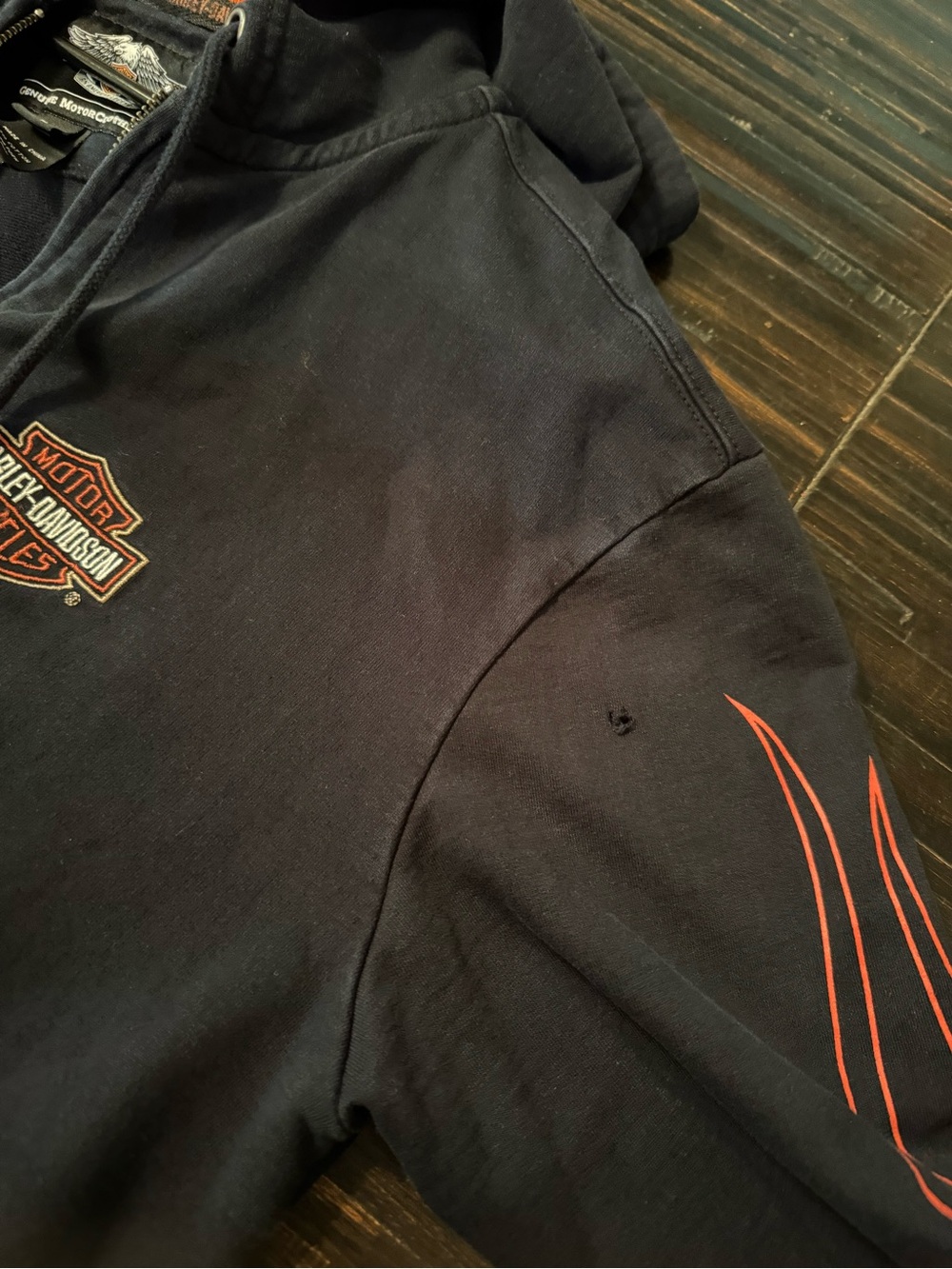 Harley-Davidson Black Hoodie with Orange Hood and Flame Sleeves - Picture 10 of 13